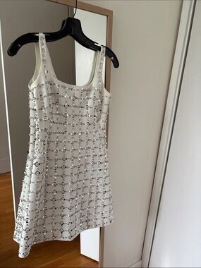 White Beaded Sleeveless A-Line Dress